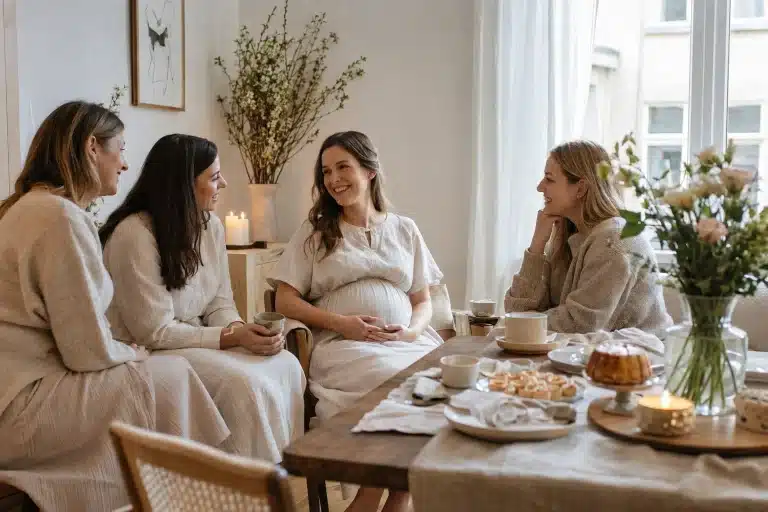 sesja baby shower Kraków przyszła mama wśród gości przy stole