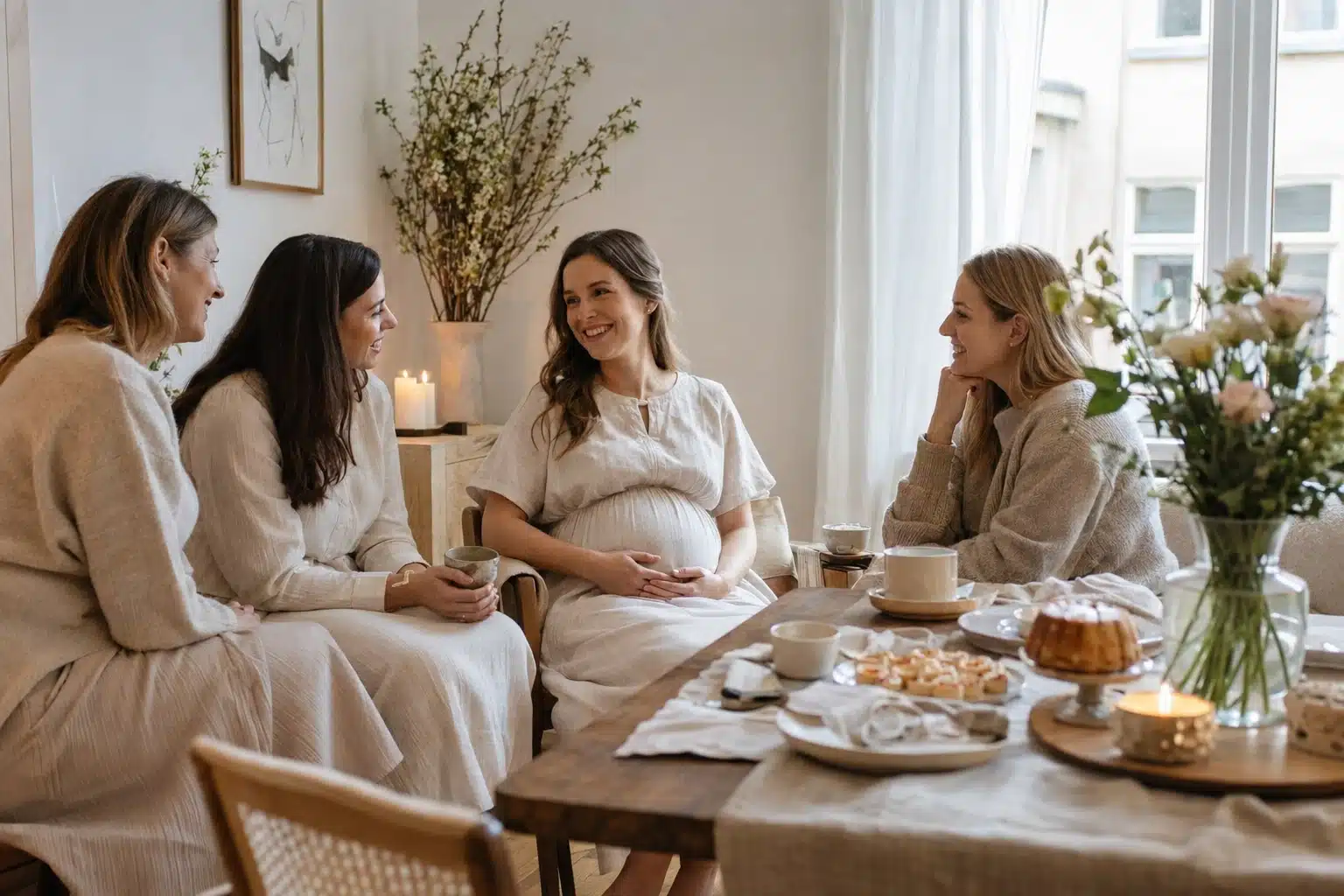 sesja baby shower Kraków przyszła mama wśród gości przy stole