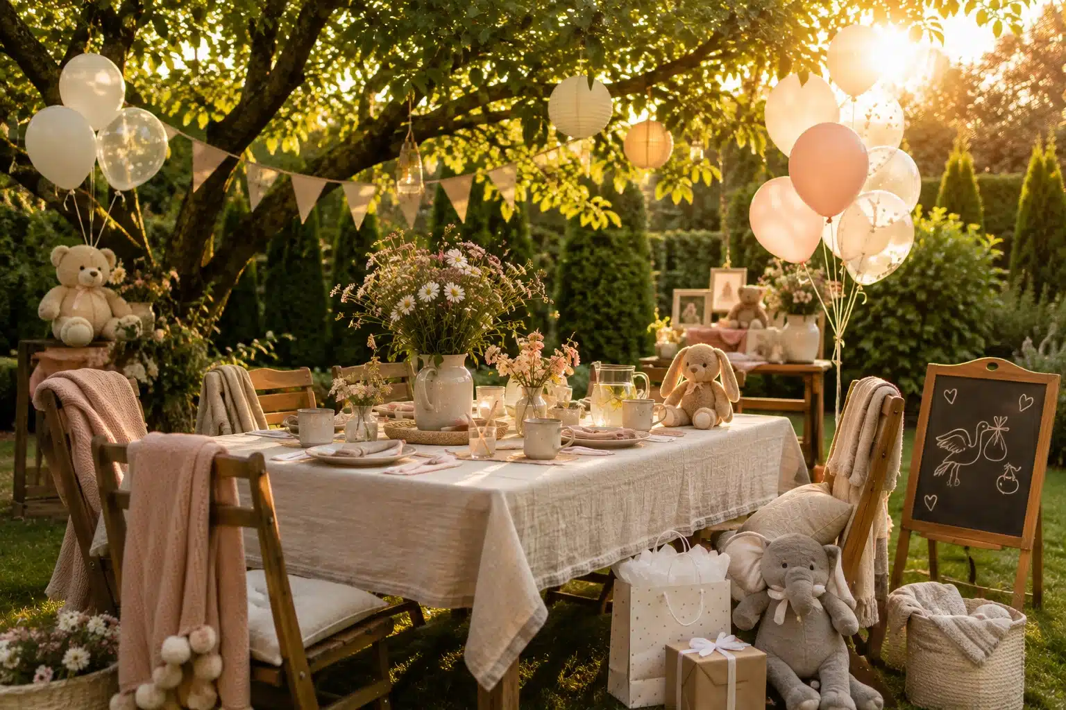baby shower w ogrodzie stół udekorowany w ciepłym świetle